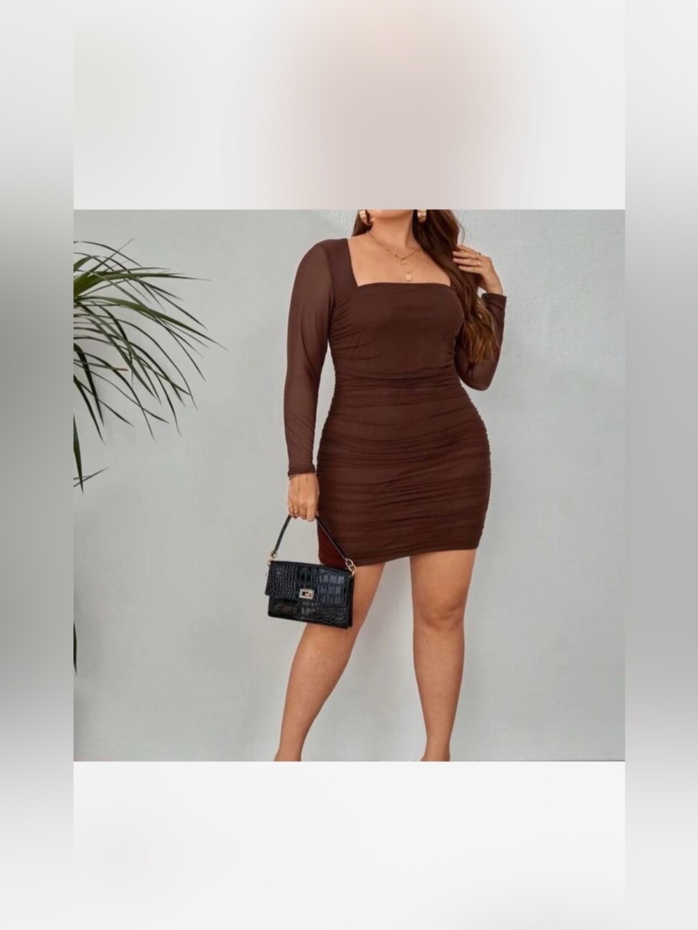 SHEIN Chocolate Brown Square Neck Ruched Mini Dress with Sheer Sleeves